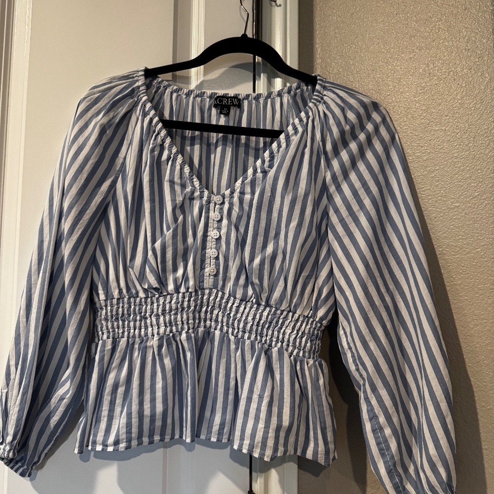 J. Crew V-neck Smocked Waist Top, Size extra small, blue and white stripes